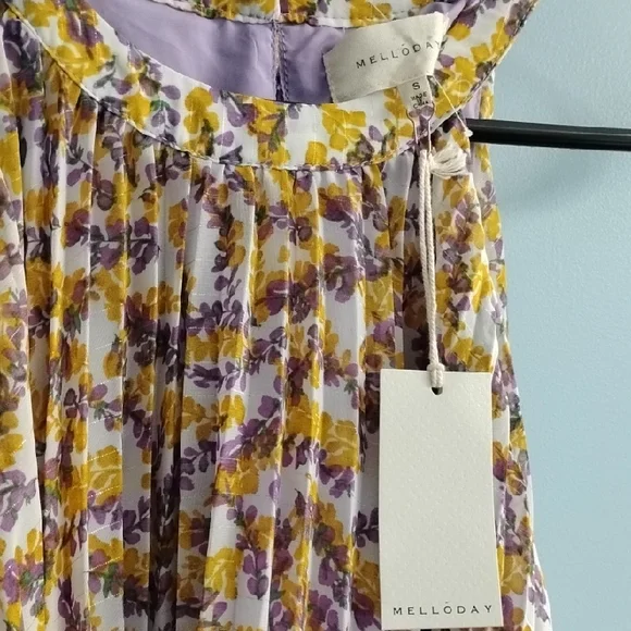 NWT MELLODAY Floral Sleeveless Pleated Dress in Yellow and Purple Size Small - Picture 2 of 6